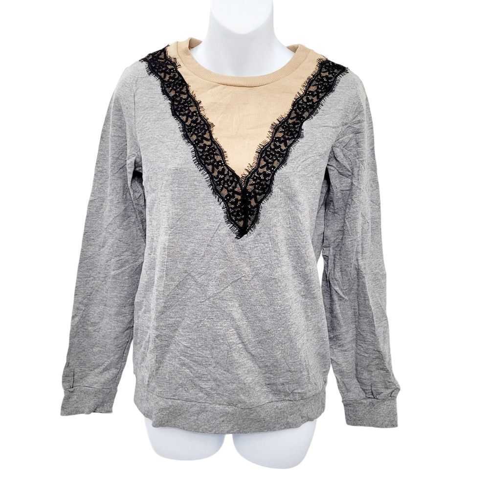 2/$20 Y2K Grey & Black Lace Crewneck Sweatshirt Top Size: Small